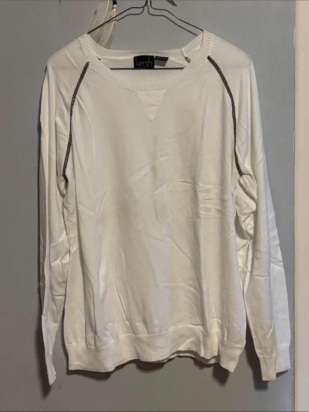 Kersh White Crewneck Sweater with Dark Contrast Trim